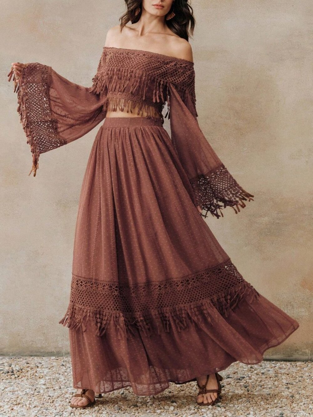 Boho brown Women's Off Shoulder fringe deailed top w/ skirt 2-Piece Set